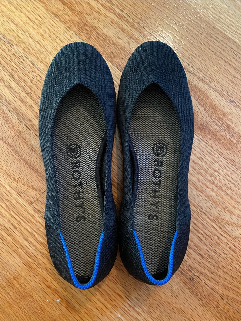 Rothy's Black Knit Slip-On Flats with Blue Trim